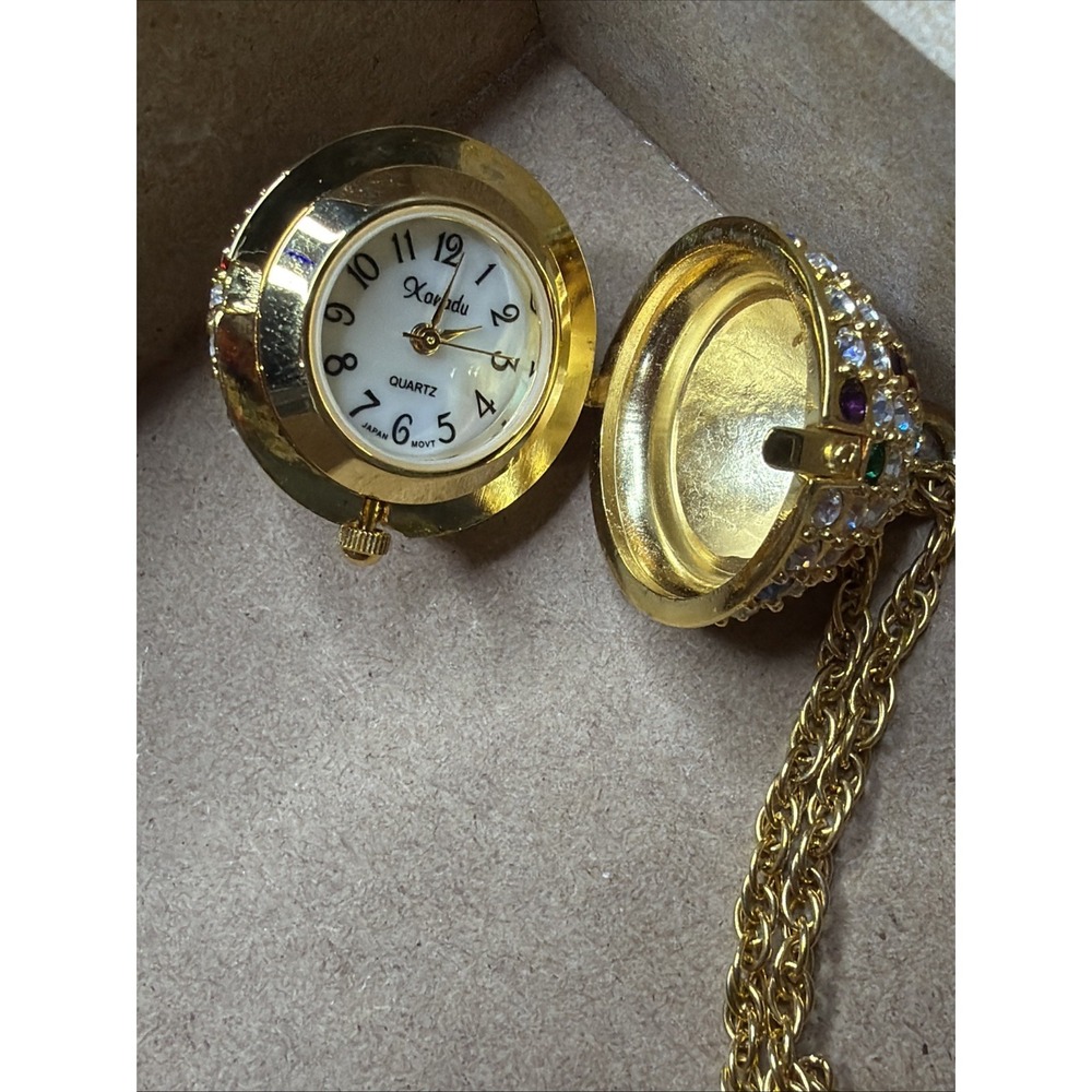VTG Xanadu Crystal Pastel Micro Pave Egg Watch Pendant 26" Mop Face c.1980s 26"